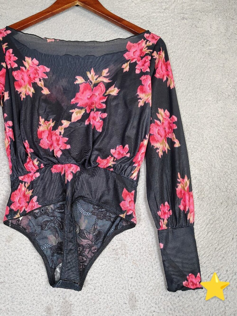 Free People Bodysuit Women's XS Black Pink Floral Off-Shoulder Boho Top NWOT - Picture 13 of 13